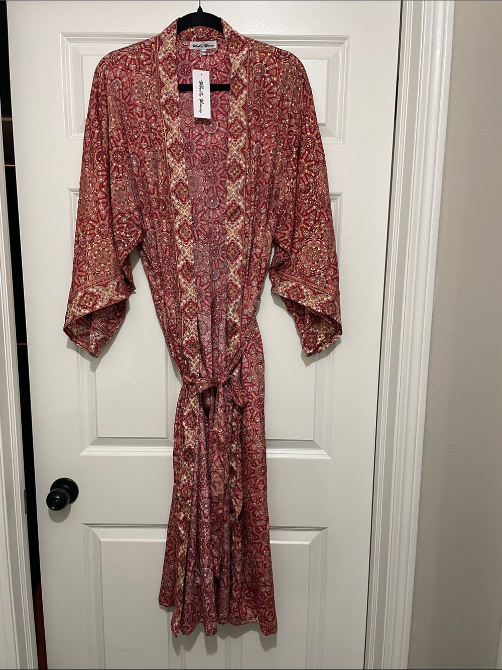 White Waves Red Rust Floral Medallion Kimono Maxi